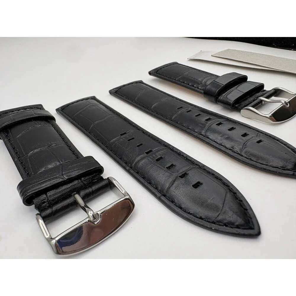 2x pairs of 26mm Black Crocodile Grain Saddle Leather Watch Strap - Italy Design